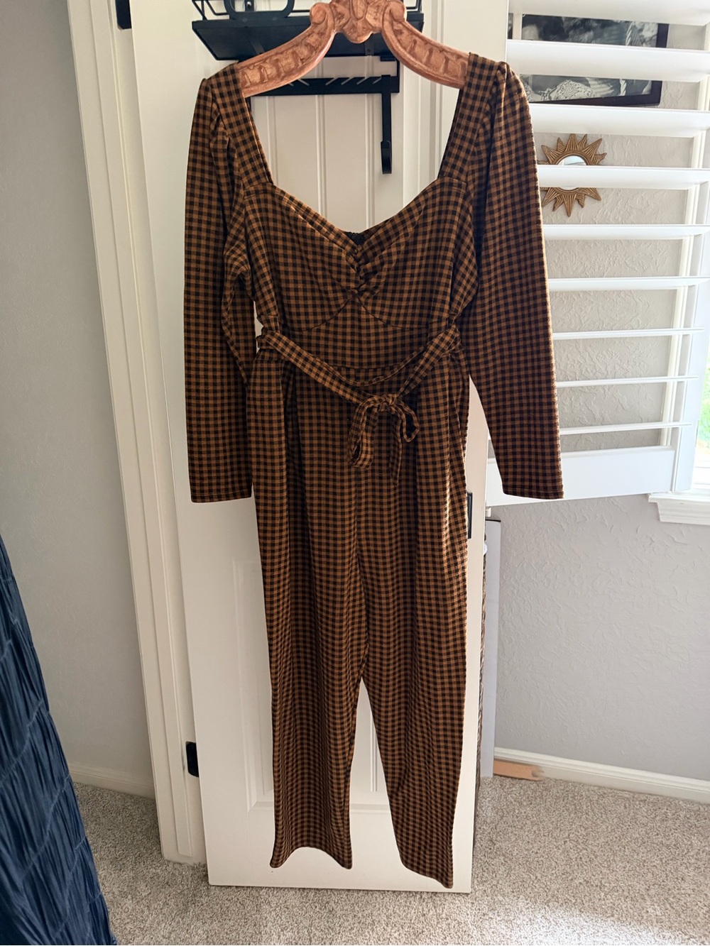 ASOS Brown Gingham Long-Sleeve Jumpsuit